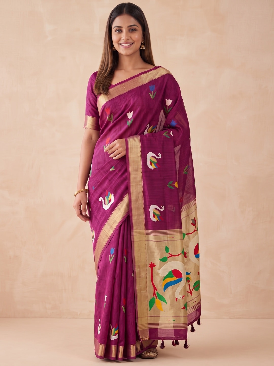 Peachmode Magenta Jamdani Swan Butta Cotton Saree With Tissue Pallu And Zari Border - Image 5
