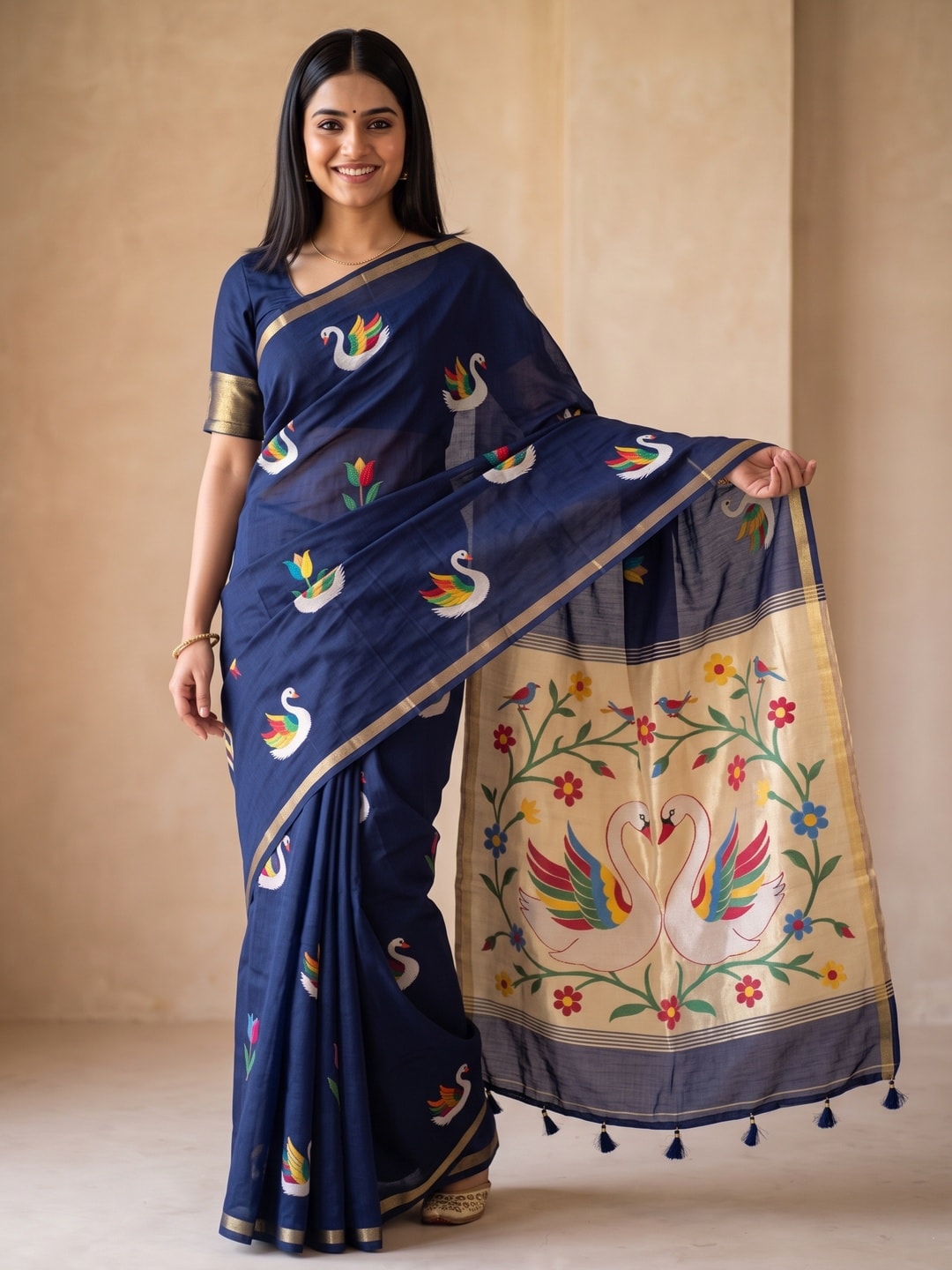 Peachmode Navy Blue Jamdani Swan Butta Cotton Saree With Tissue Pallu And Zari Border - Image 1