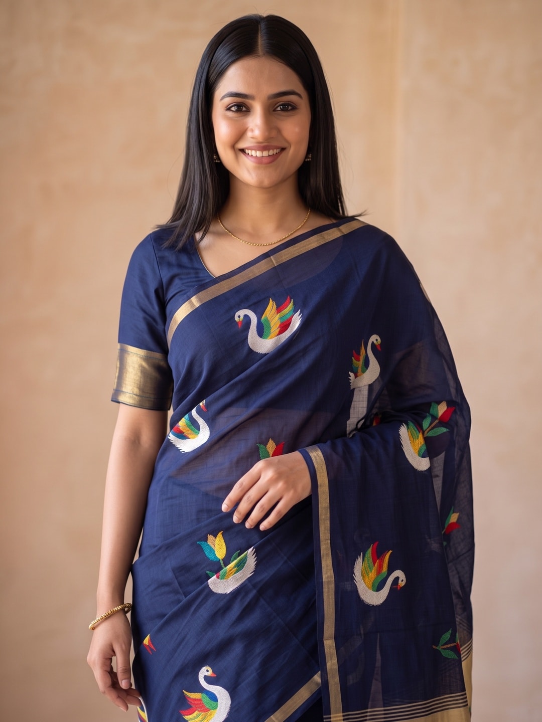 Peachmode Navy Blue Jamdani Swan Butta Cotton Saree With Tissue Pallu And Zari Border - Image 4