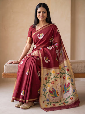 Peachmode Maroon Jamdani Swan Butta Cotton Saree With Tissue Pallu And Zari Border - Image 2