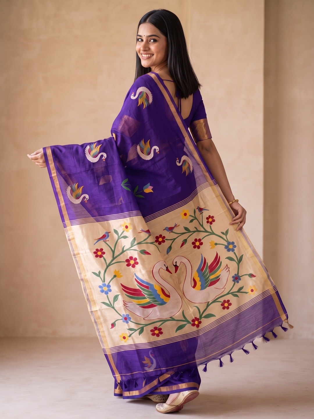 Peachmode Purple Jamdani Swan Butta Cotton Saree With Tissue Pallu And Zari Border - Image 3