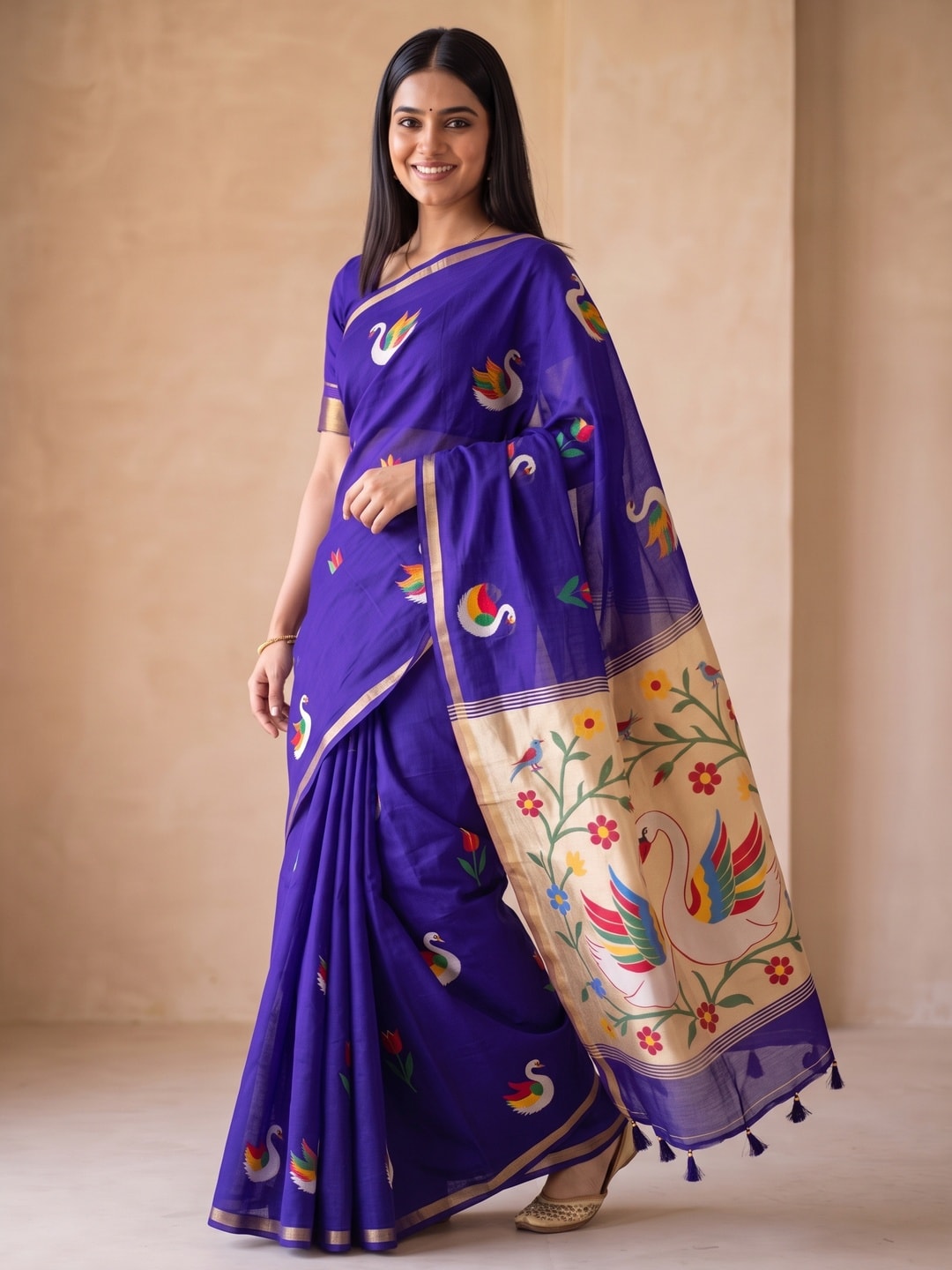 Peachmode Purple Jamdani Swan Butta Cotton Saree With Tissue Pallu And Zari Border - Image 4