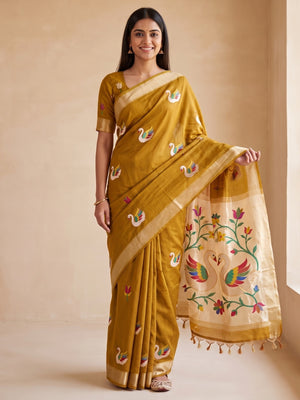 Peachmode Mustard Jamdani Swan Butta Cotton Saree With Tissue Pallu And Zari Border - Image 1