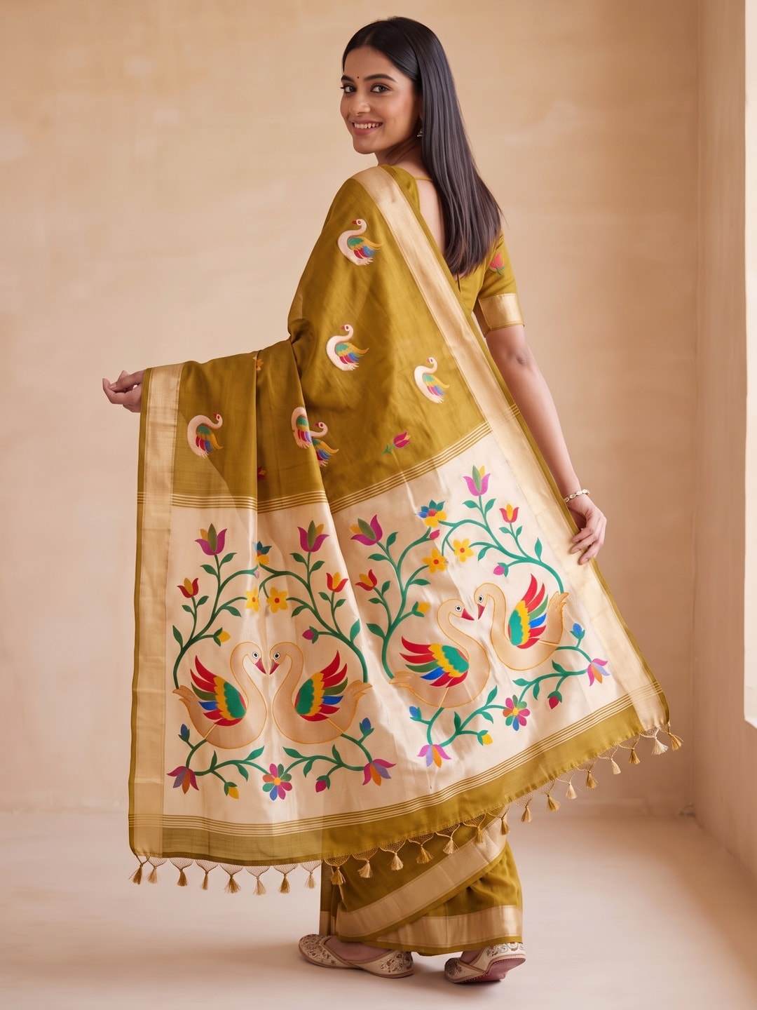 Peachmode Mustard Jamdani Swan Butta Cotton Saree With Tissue Pallu And Zari Border - Image 2