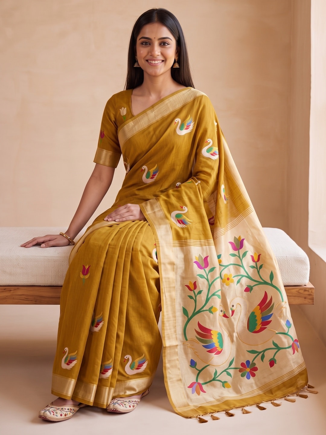 Peachmode Mustard Jamdani Swan Butta Cotton Saree With Tissue Pallu And Zari Border - Image 4