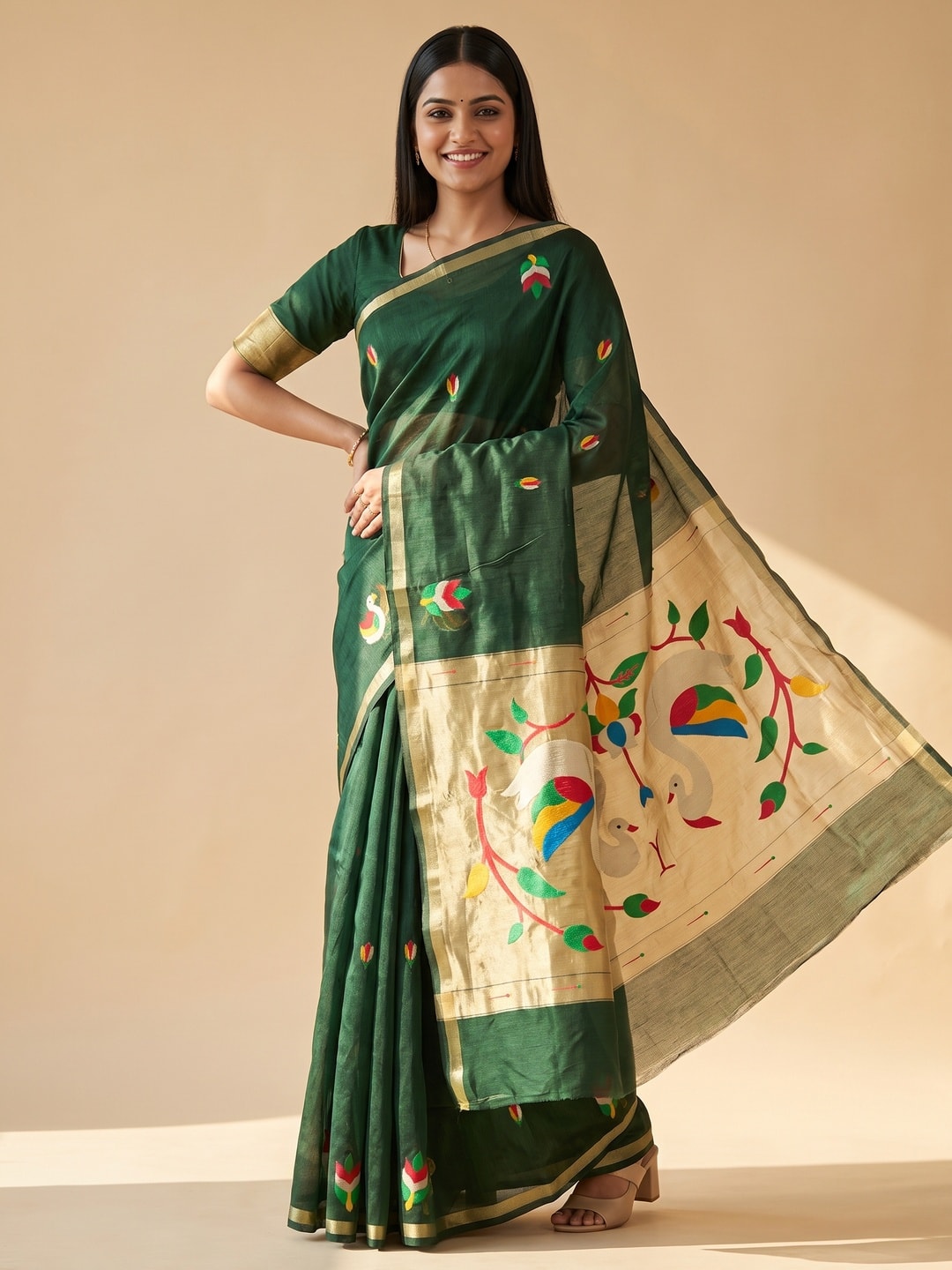 Peachmode Green Jamdani Swan Butta Cotton Saree With Tissue Pallu And Zari Border - Image 1
