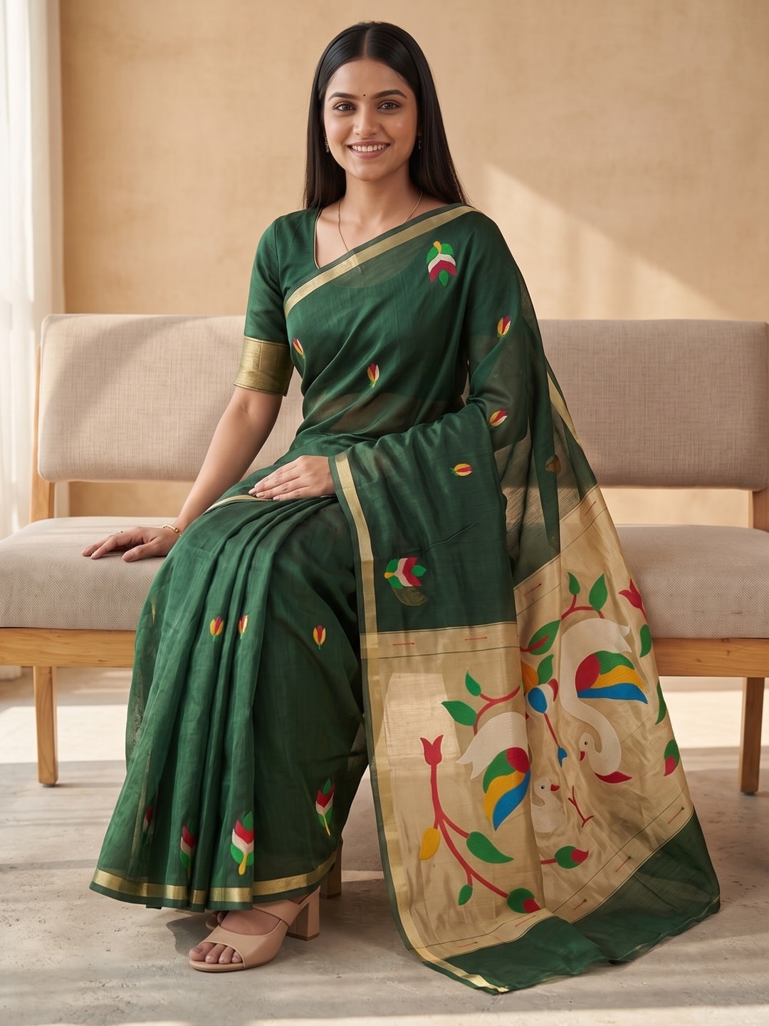 Peachmode Green Jamdani Swan Butta Cotton Saree With Tissue Pallu And Zari Border - Image 2