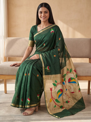 Peachmode Green Jamdani Swan Butta Cotton Saree With Tissue Pallu And Zari Border - Image 2