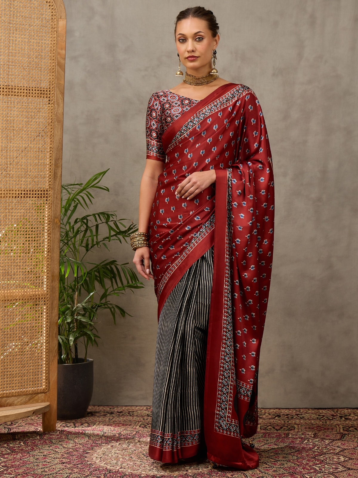 Peachmode Maroon Semi Modal Printed Saree With Ethnic Border