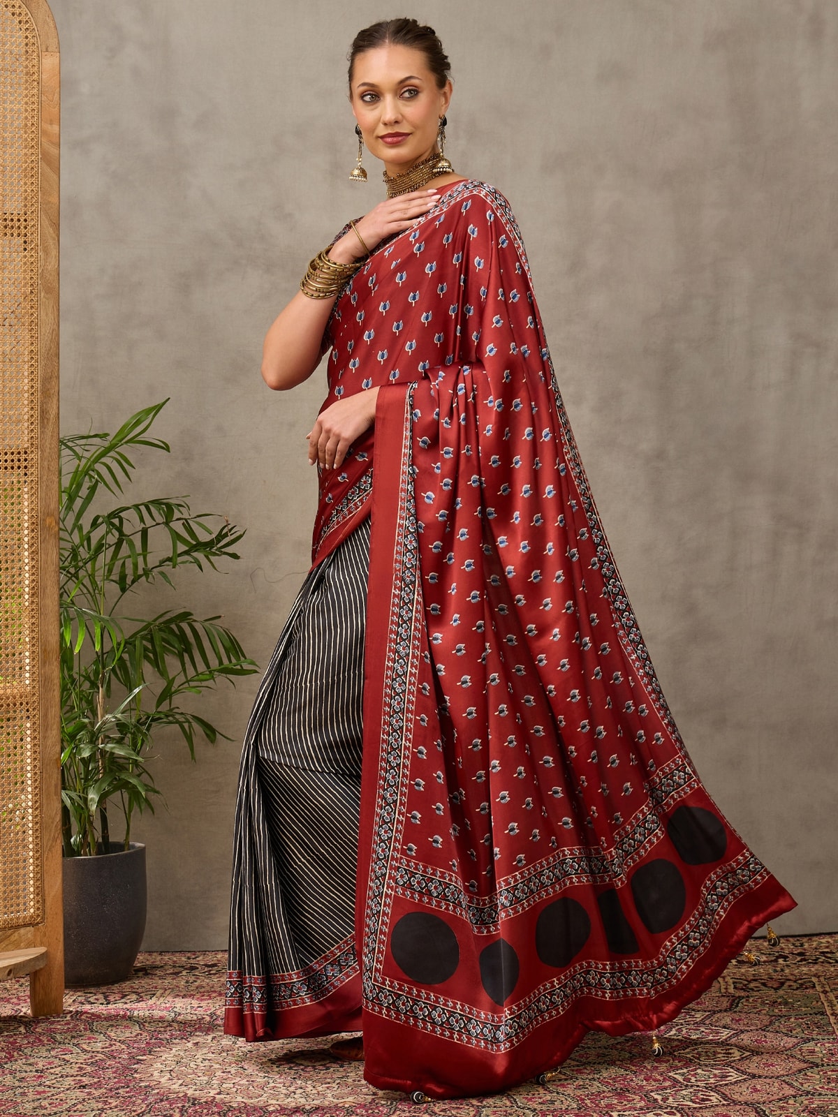 Peachmode Maroon Semi Modal Printed Saree With Ethnic Border - Image 1