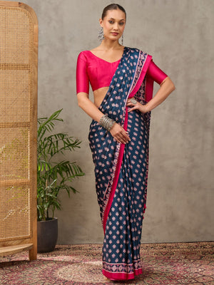 Peachmode Blue Semi Modal Ajrakh Style Printed Saree With Mirror Work