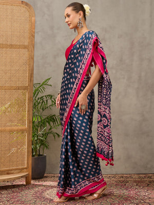 Peachmode Blue Semi Modal Ajrakh Style Printed Saree With Mirror Work - Image 1