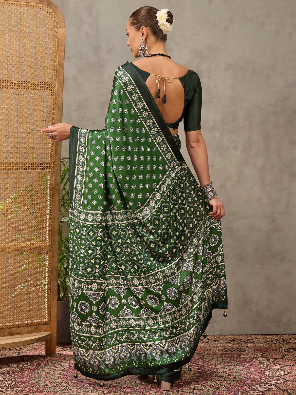 Peachmode Green Semi Modal Ajrakh Style Printed Saree With Mirror Work - Image 2