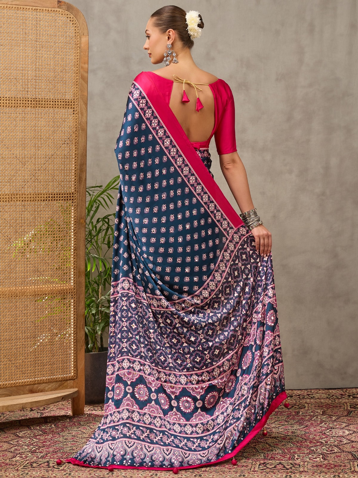 Peachmode Blue Semi Modal Ajrakh Style Printed Saree With Mirror Work - Image 2