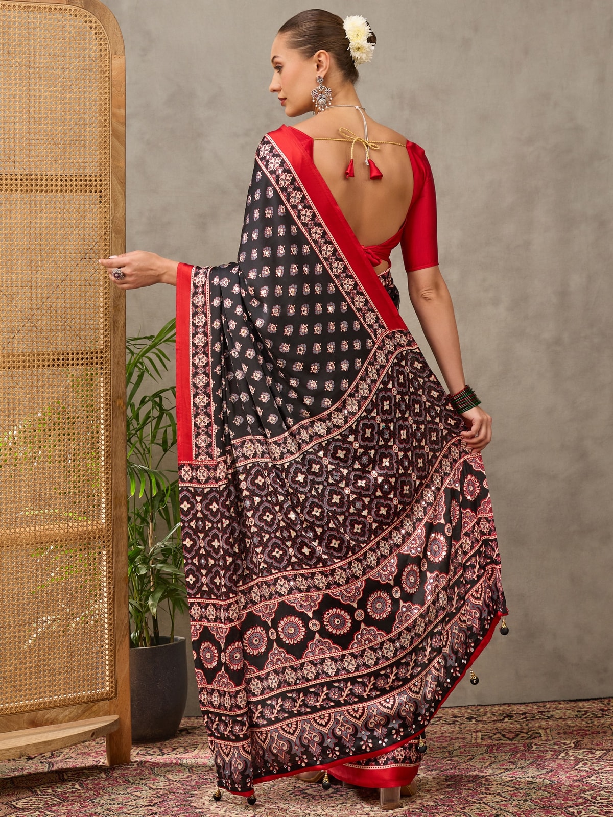 Peachmode Black Semi Modal Ajrakh Style Printed Saree With Mirror Work - Image 2