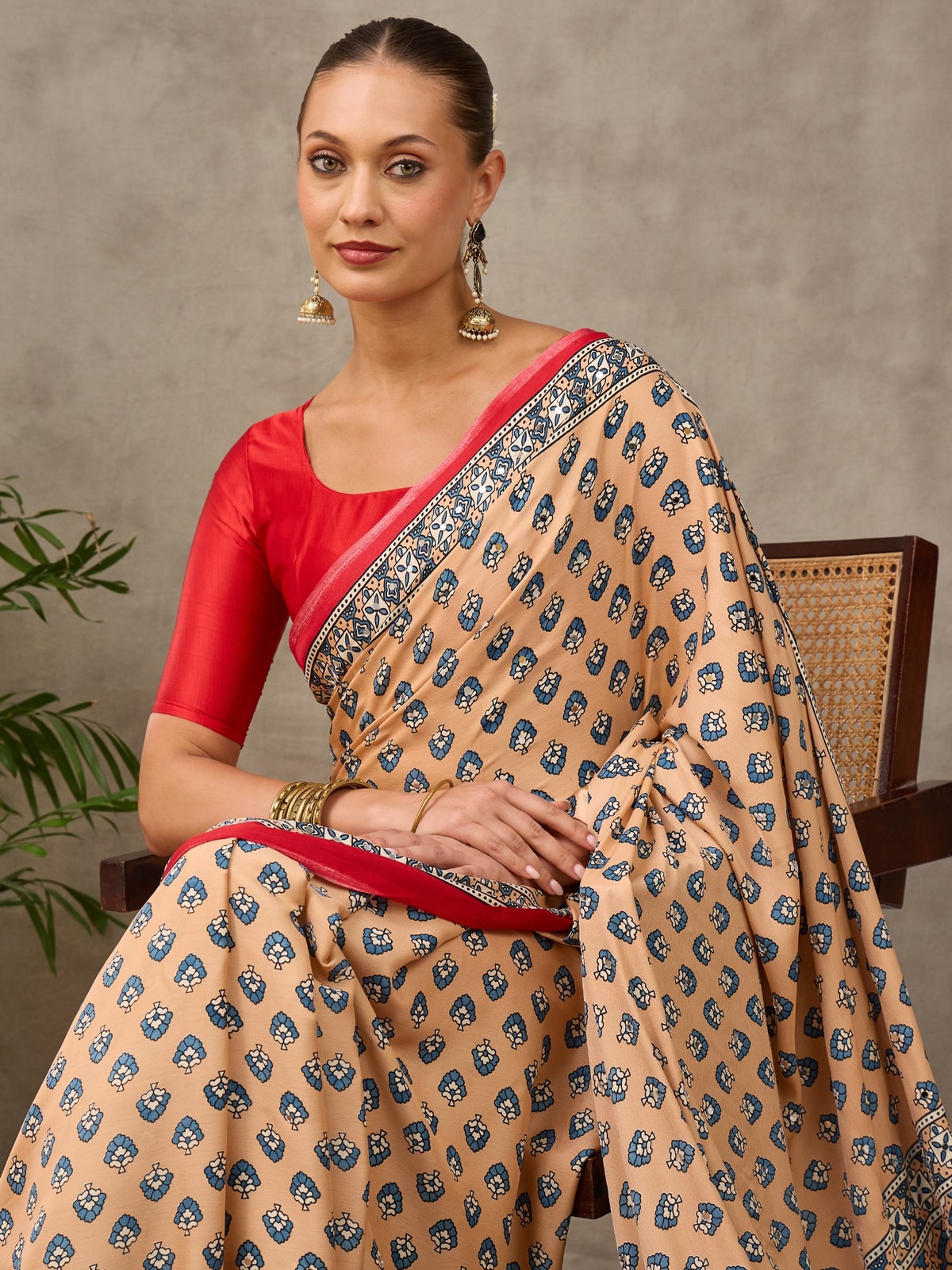 Peachmode Cream Semi Modal Ajrakh Style Printed Saree With Mirror Work - Image 4