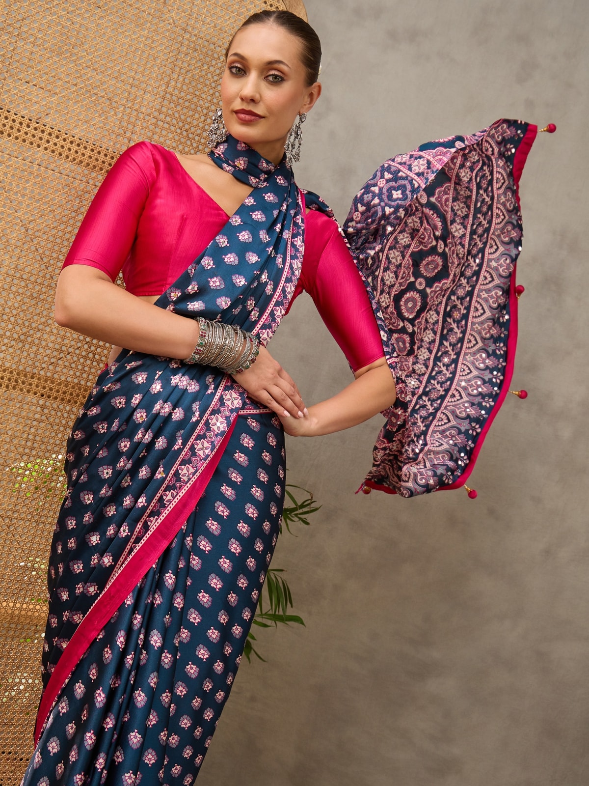 Peachmode Blue Semi Modal Ajrakh Style Printed Saree With Mirror Work - Image 3