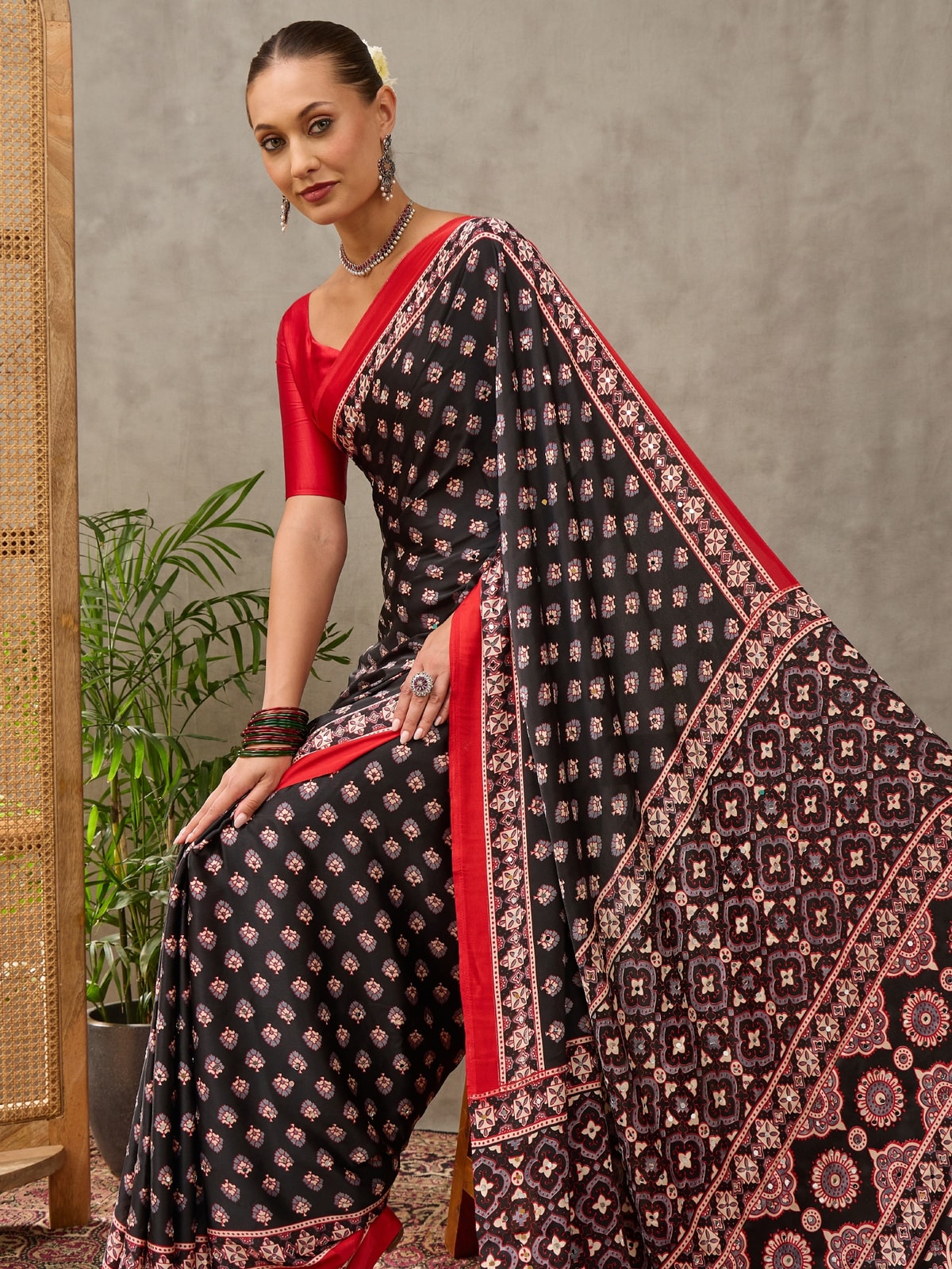 Peachmode Black Semi Modal Ajrakh Style Printed Saree With Mirror Work - Image 3
