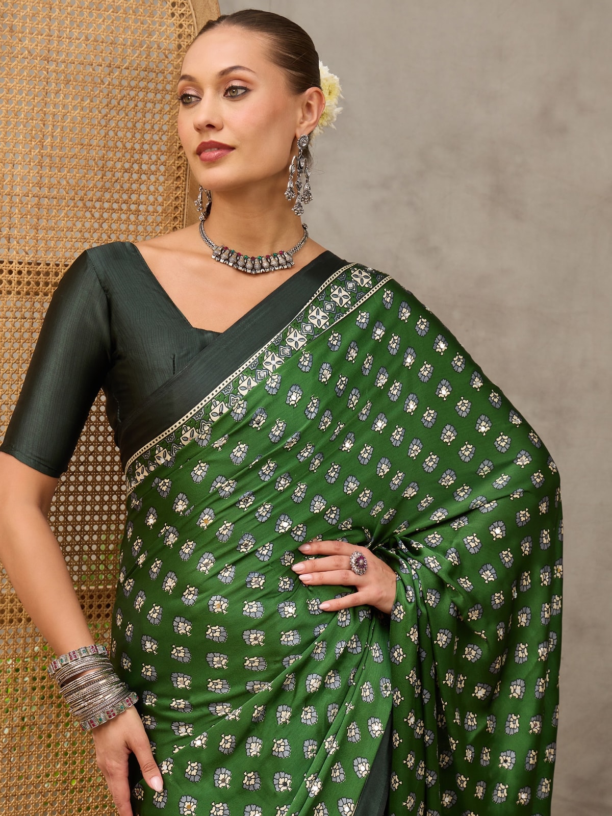 Peachmode Green Semi Modal Ajrakh Style Printed Saree With Mirror Work - Image 4