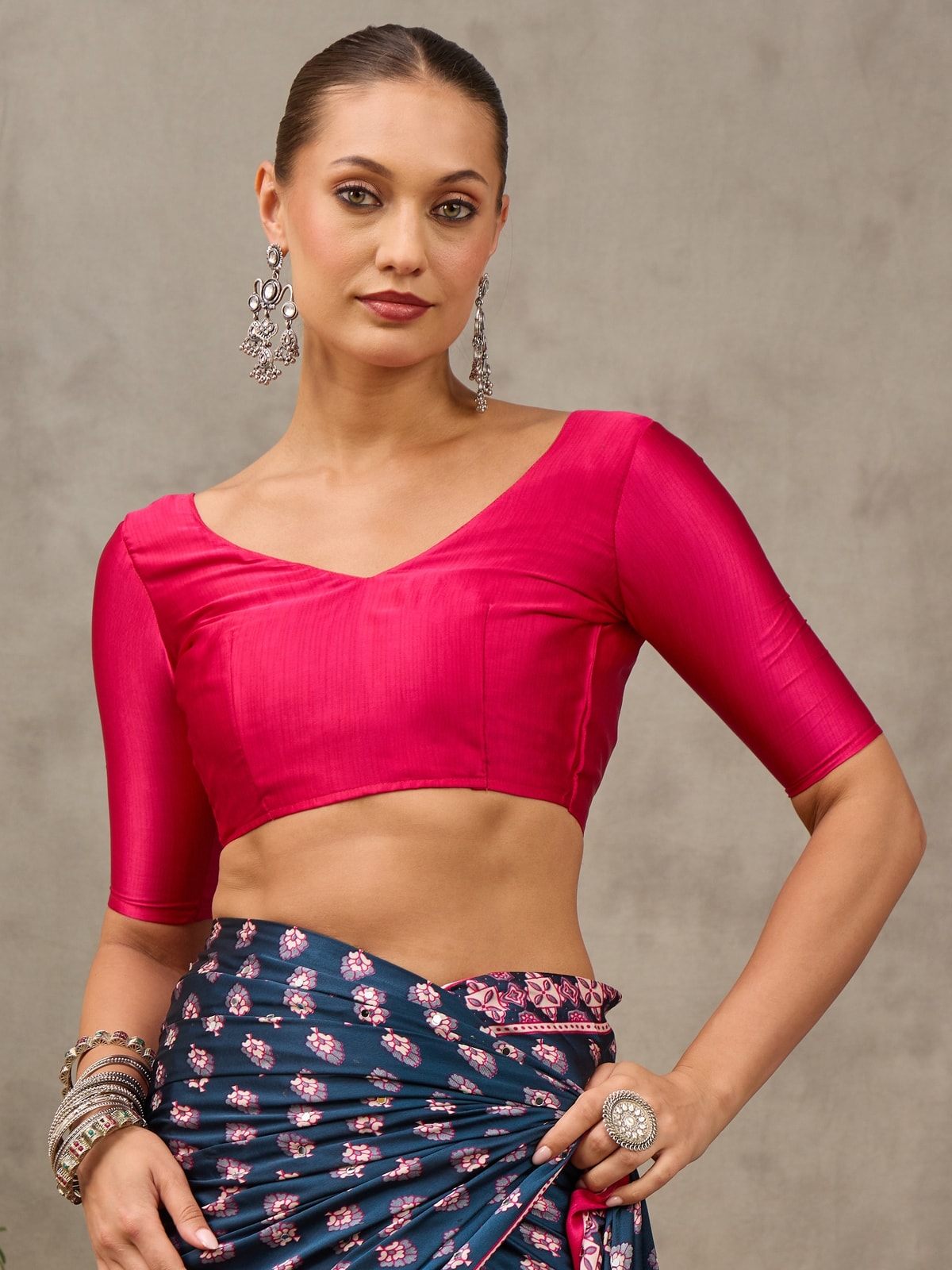 Peachmode Blue Semi Modal Ajrakh Style Printed Saree With Mirror Work - Image 4