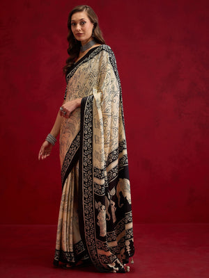 Peachmode Black Semi Modal Elephant Print Saree With Printed Border