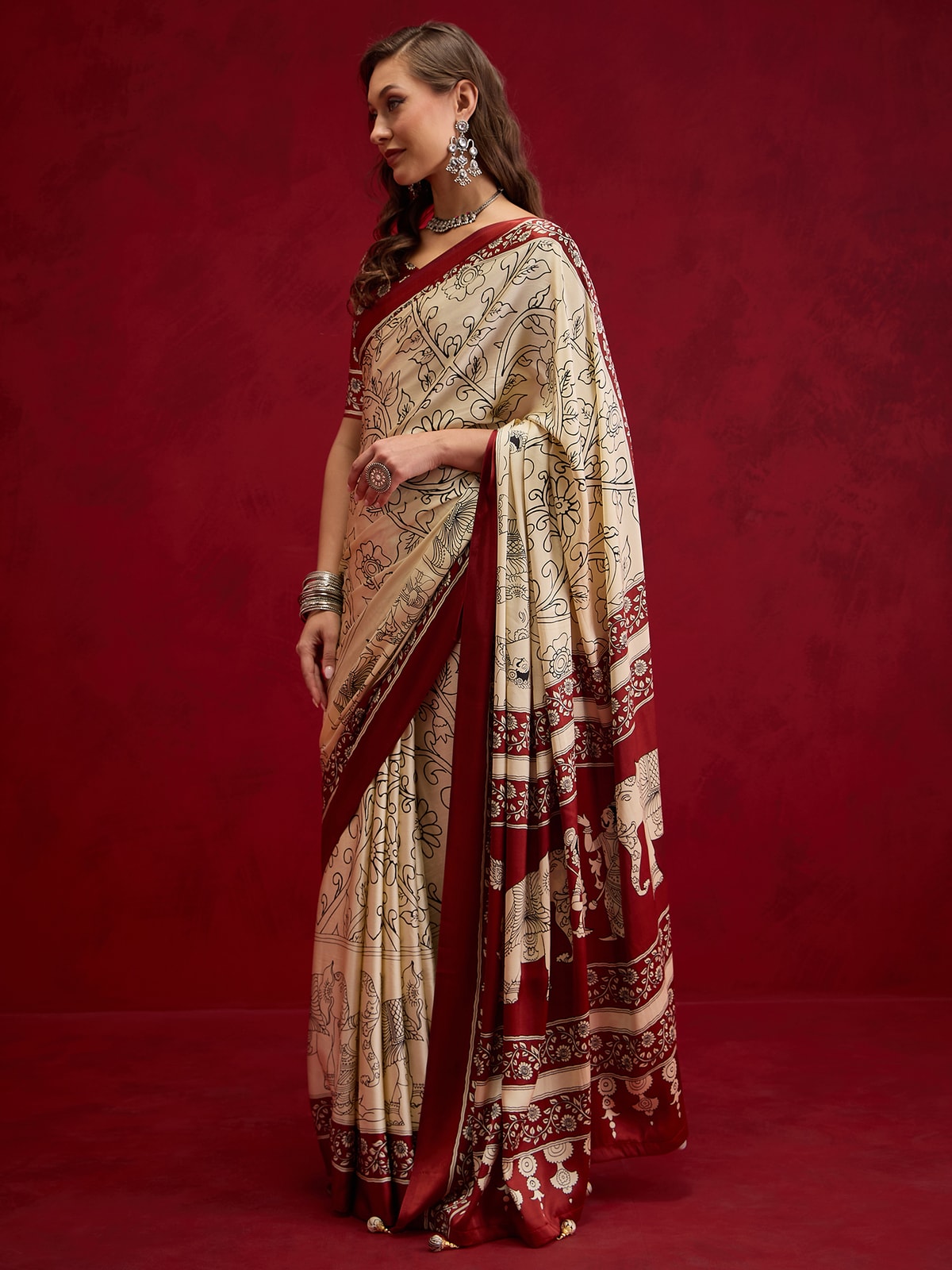 Peachmode Maroon Semi Modal Elephant Print Saree With Printed Border