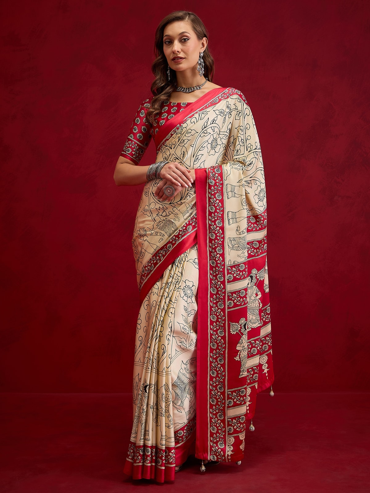 Peachmode Pink Semi Modal Elephant Print Saree With Printed Border
