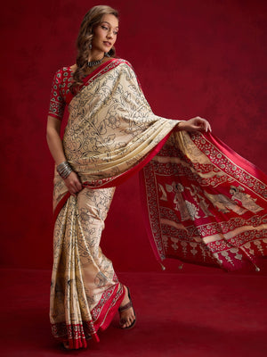 Peachmode Pink Semi Modal Elephant Print Saree With Printed Border - Image 1