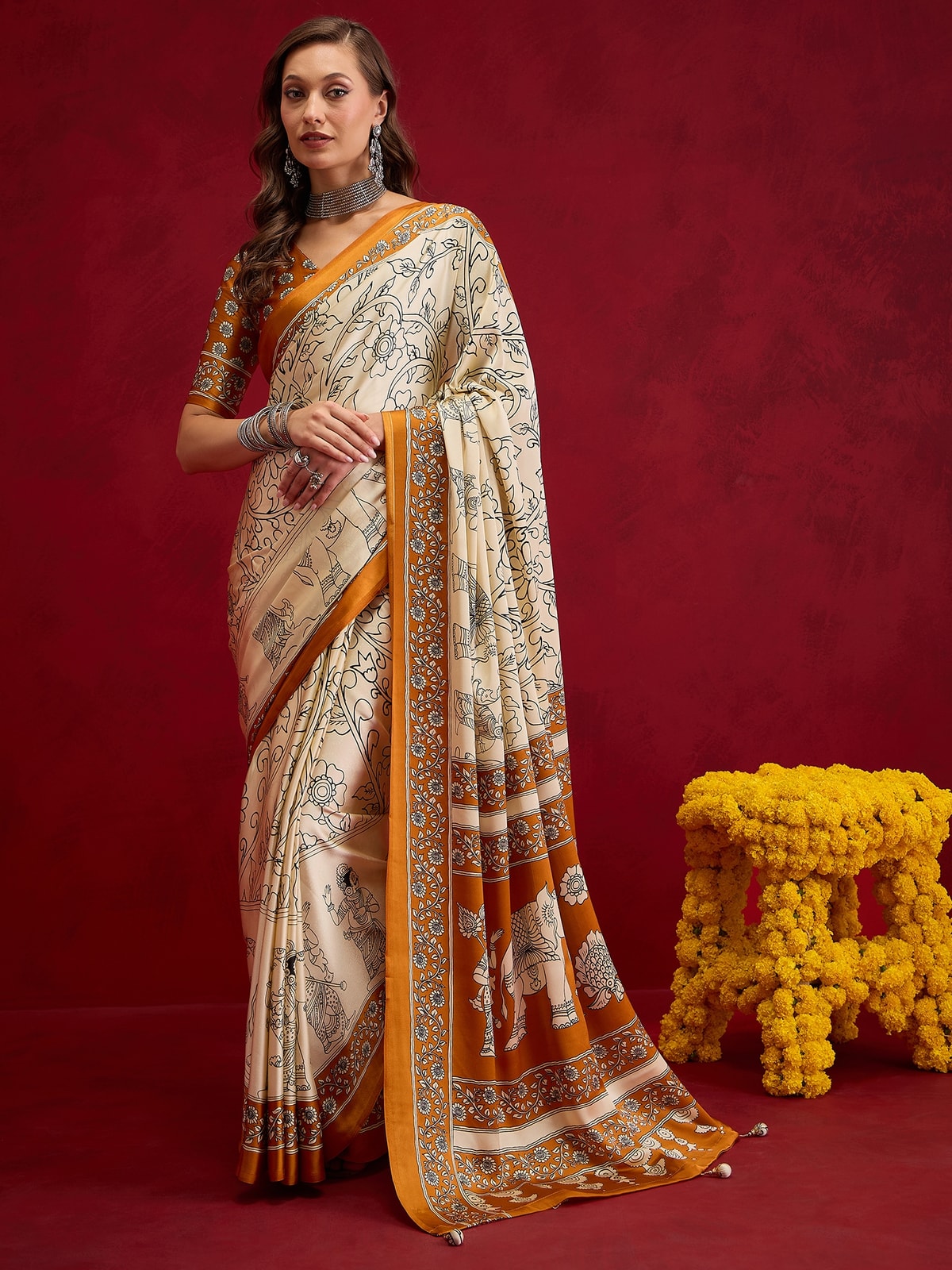 Peachmode Mustard Semi Modal Elephant Print Saree With Printed Border - Image 1