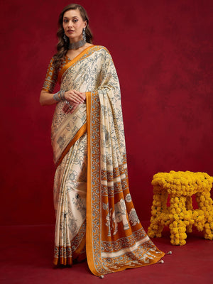 Peachmode Mustard Semi Modal Elephant Print Saree With Printed Border - Image 1