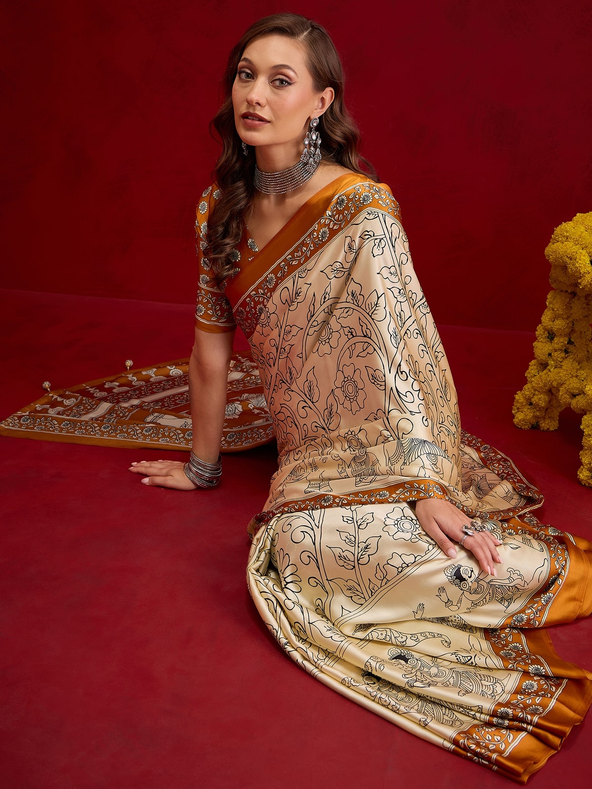 Peachmode Mustard Semi Modal Elephant Print Saree With Printed Border - Image 3