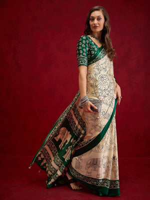 Peachmode Green Semi Modal Elephant Print Saree With Printed Border - Image 1