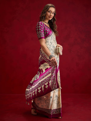 Peachmode Wine Semi Modal Elephant Print Saree With Printed Border