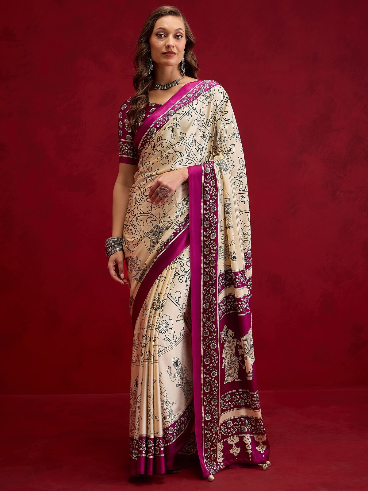Peachmode Wine Semi Modal Elephant Print Saree With Printed Border - Image 1