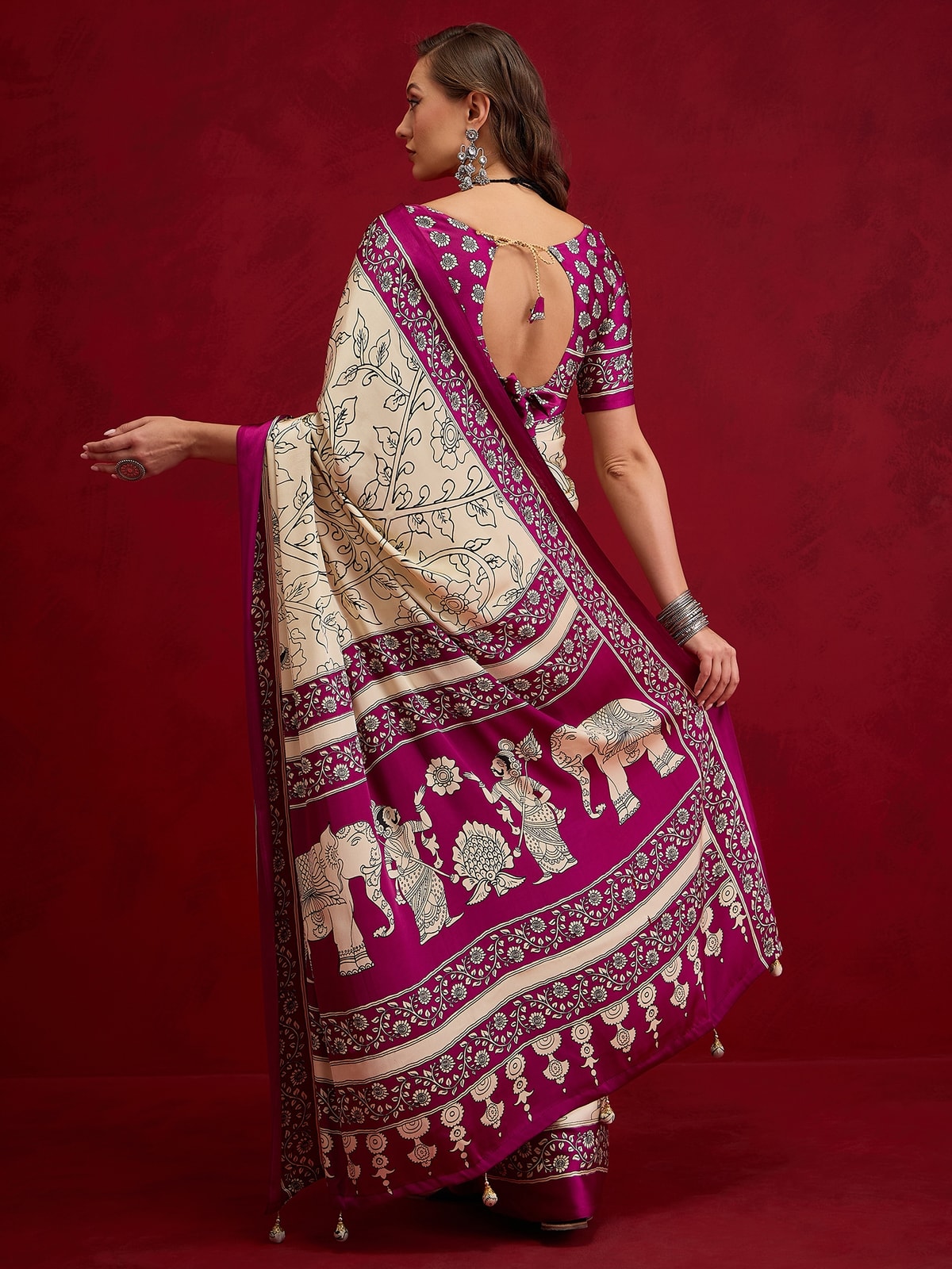 Peachmode Wine Semi Modal Elephant Print Saree With Printed Border - Image 2