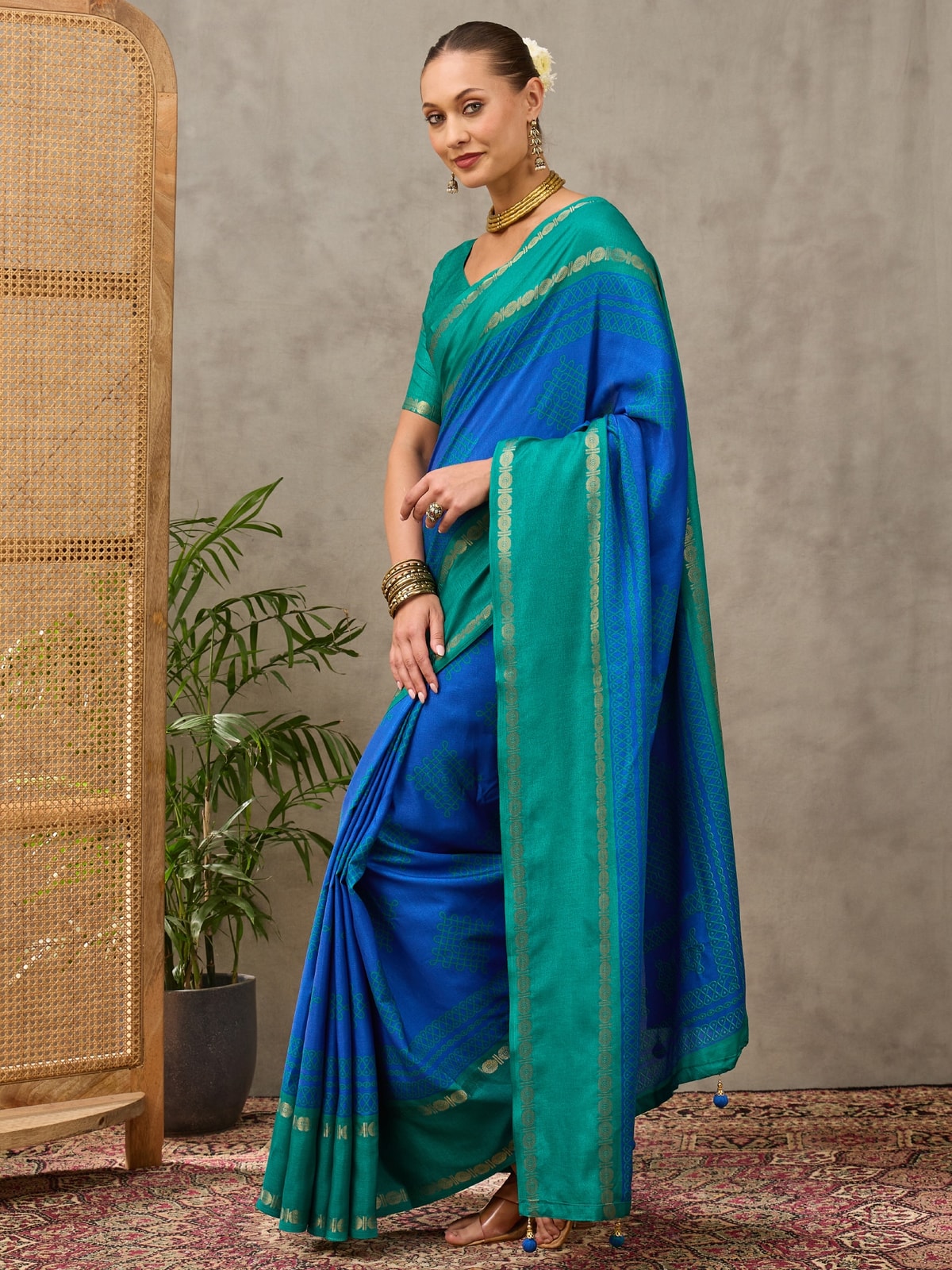 Peachmode Blue Tussar Silk Saree With Geometric Motif Pallu