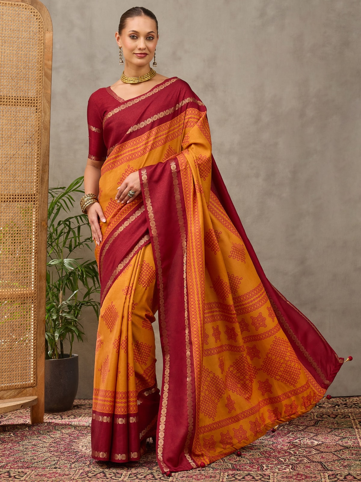 Peachmode Mustard Tussar Silk Saree With Geometric Motif Pallu - Image 1