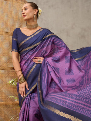Peachmode Purple Tussar Silk Saree With Geometric Motif Pallu - Image 1