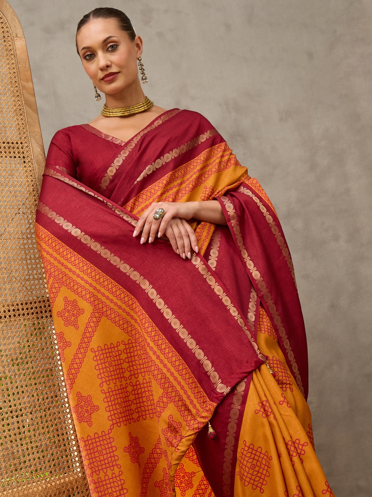 Peachmode Mustard Tussar Silk Saree With Geometric Motif Pallu - Image 3