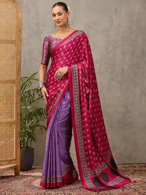 Peachmode Magenta Semi Modal Printed Saree With Ethnic Border