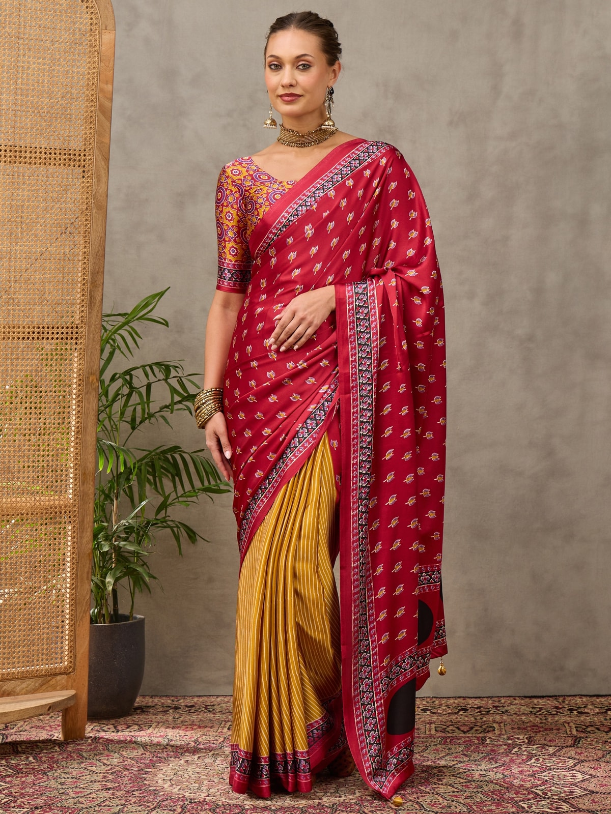Peachmode Wine Semi Modal Printed Saree With Ethnic Border