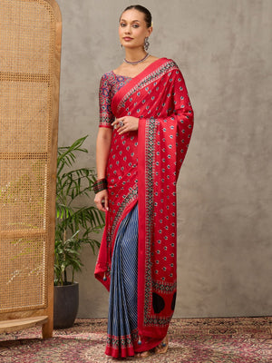Peachmode Red Semi Modal Printed Saree With Ethnic Border