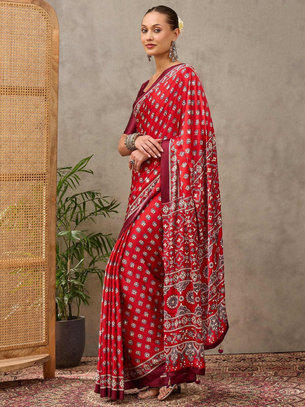 Peachmode Coral Semi Modal Ajrakh Style Printed Saree With Mirror Work