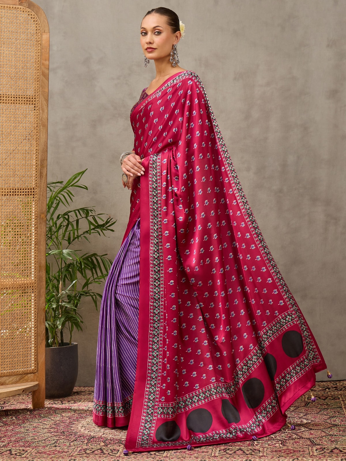 Peachmode Magenta Semi Modal Printed Saree With Ethnic Border - Image 1