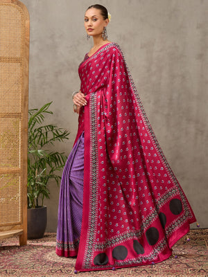 Peachmode Magenta Semi Modal Printed Saree With Ethnic Border - Image 1