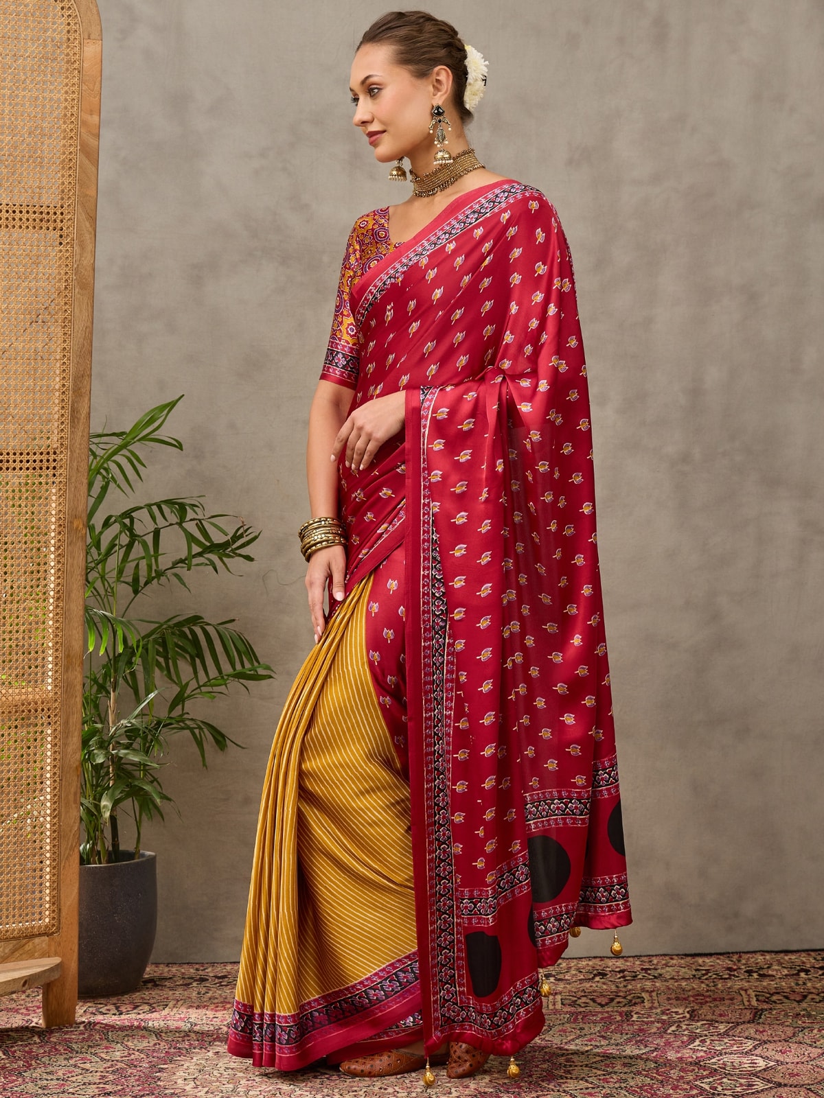 Peachmode Wine Semi Modal Printed Saree With Ethnic Border - Image 1