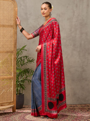 Peachmode Red Semi Modal Printed Saree With Ethnic Border - Image 1