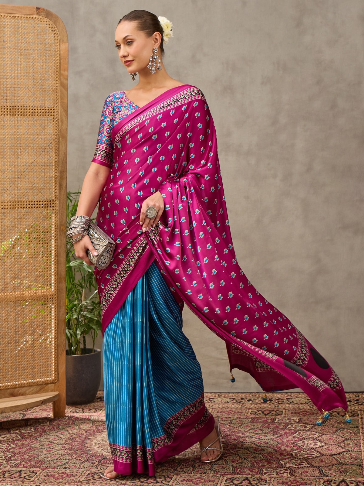Peachmode Pink Semi Modal Printed Saree With Ethnic Border - Image 1