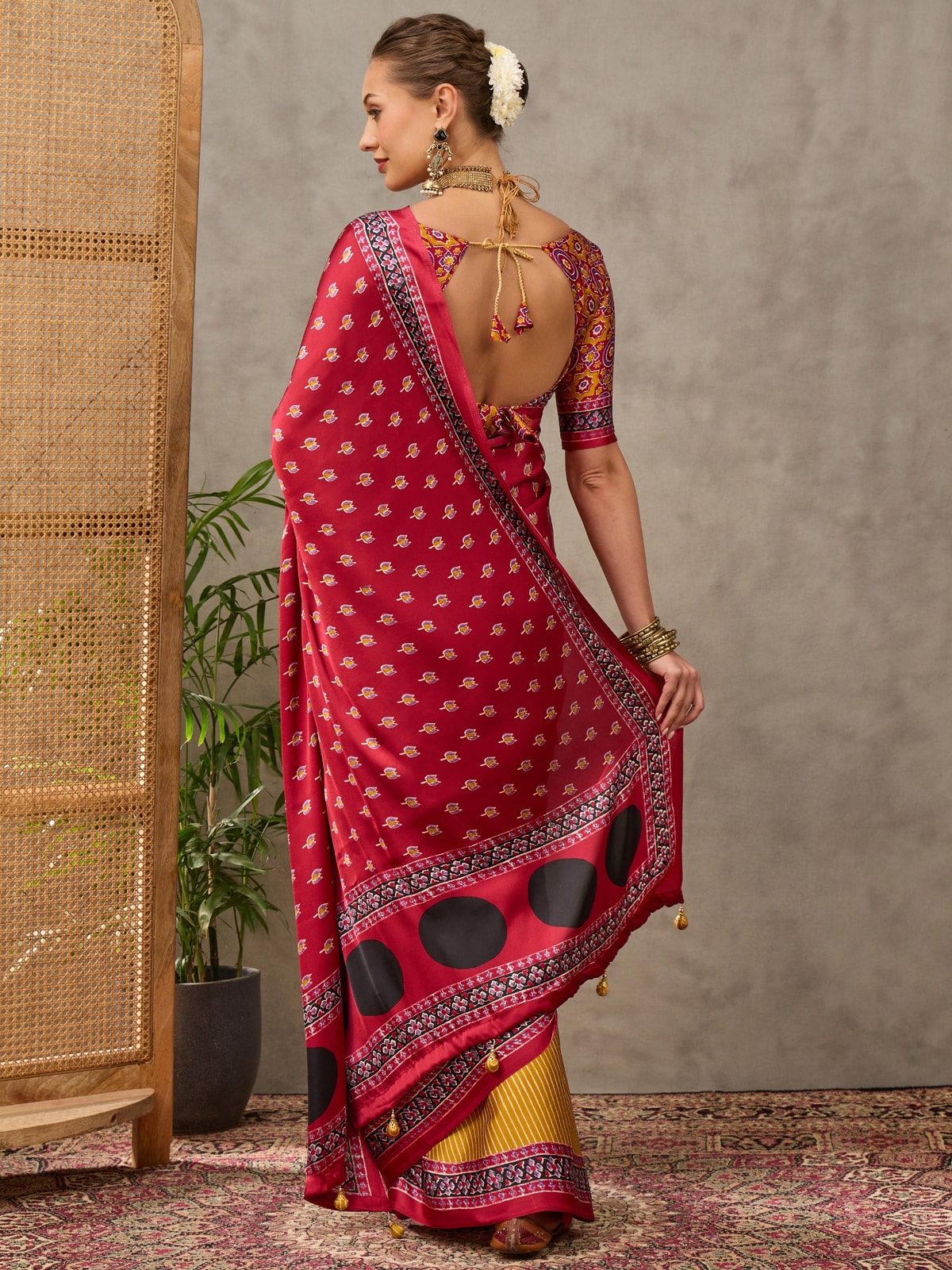 Peachmode Wine Semi Modal Printed Saree With Ethnic Border - Image 2