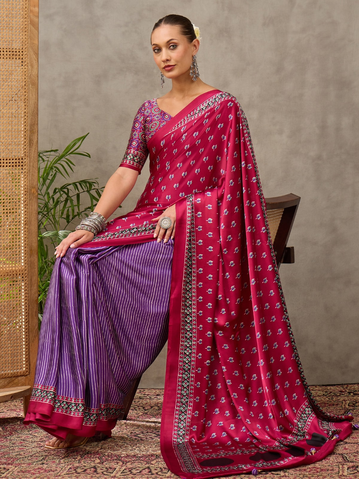 Peachmode Magenta Semi Modal Printed Saree With Ethnic Border - Image 3